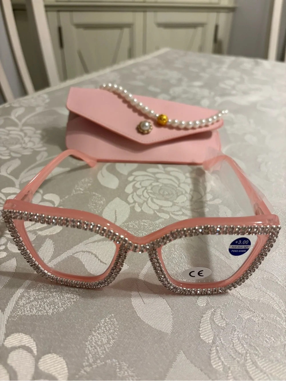 Diamond Studded Glasses +3.00 Case & Neck Hanger”anti-blue light “ New